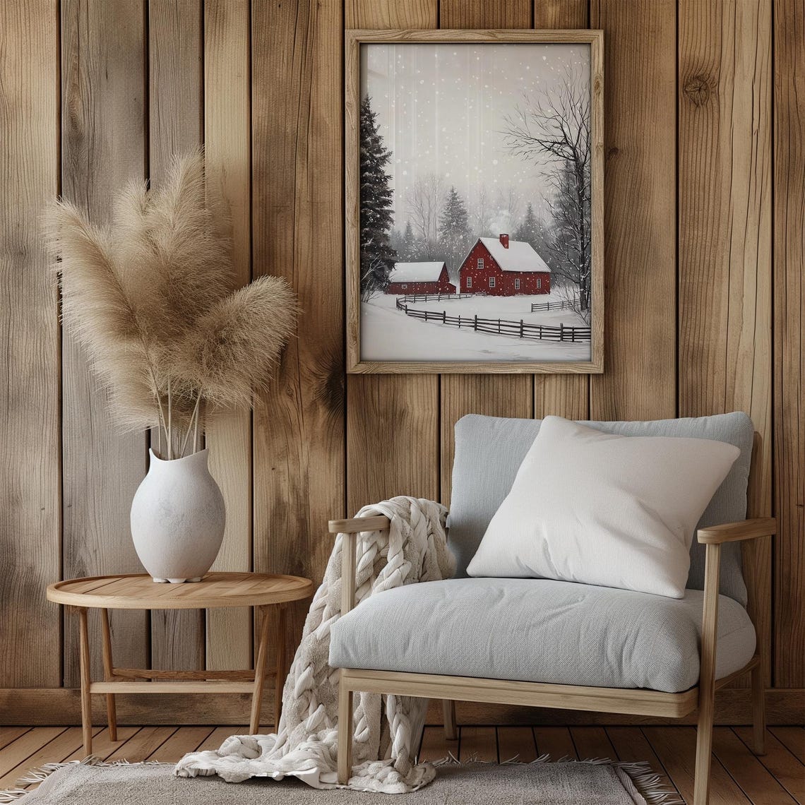 Red Barn in Falling Snow Vintage Winter Farm Christmas Poster - Image 3