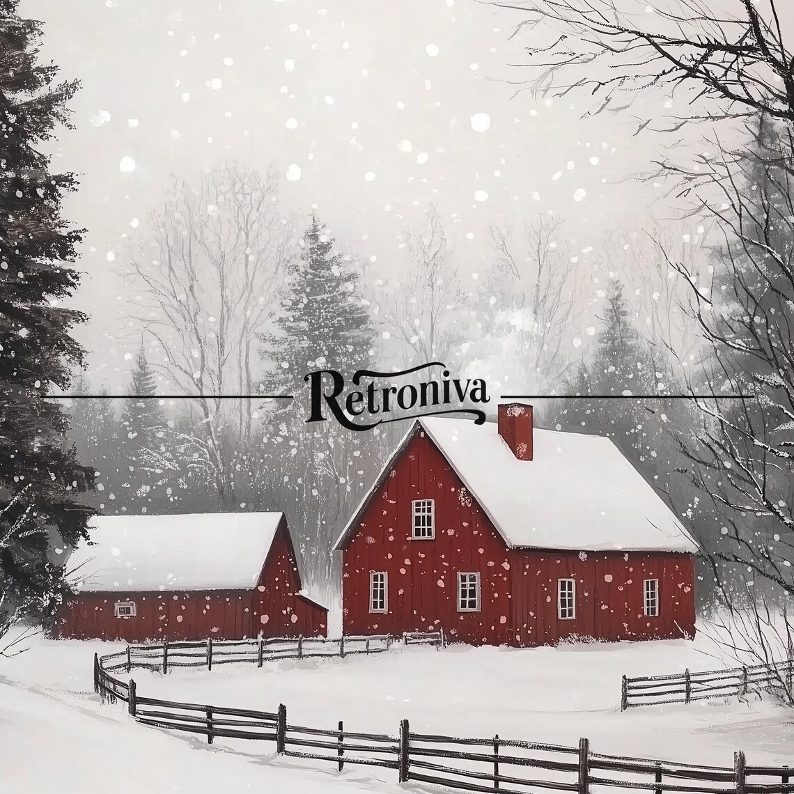 Red Barn in Falling Snow Vintage Winter Farm Christmas Poster - Image 7