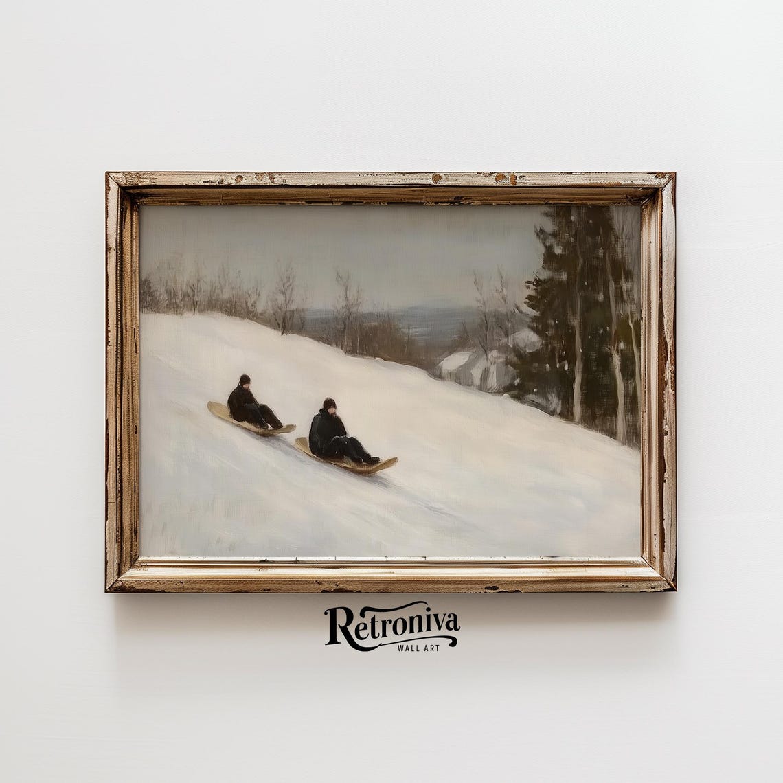 Vintage Winter Sledding Scene Two Sledders On A Snowy Hill Poster - Image 6