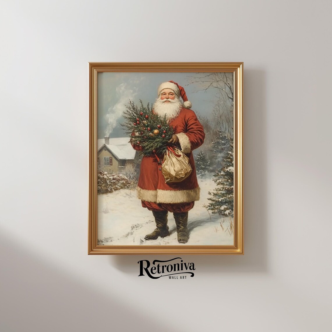 Antique Santa With Christmas Gifts Portrait In Snowy Winter Landscape Wall Art Traditional Holiday Decor Retroniva Art Prt 014 - Image 2