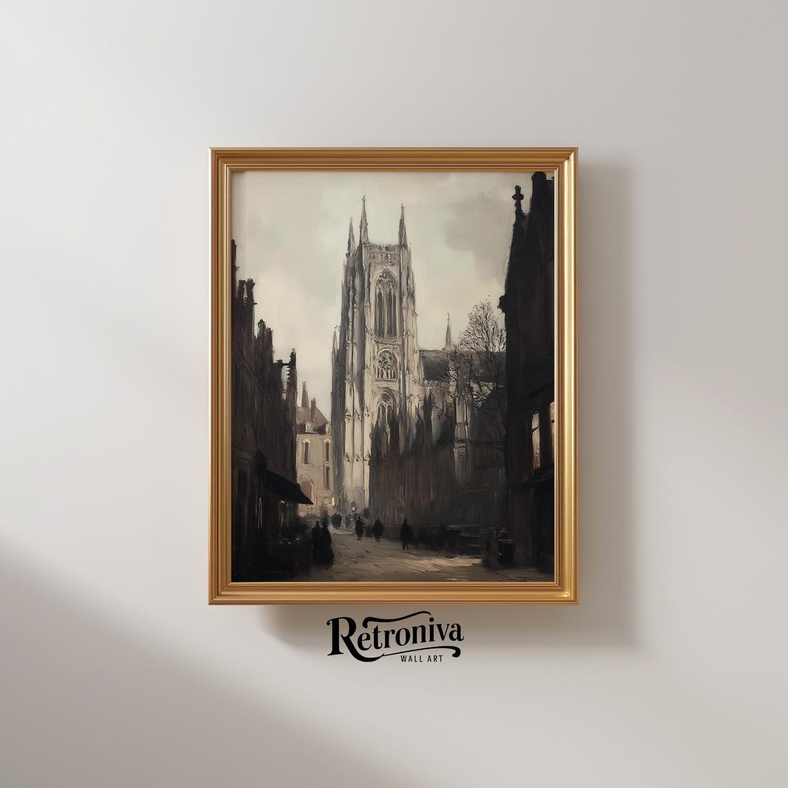 Moody Gothic Cathedral Tower Down A Dark Old Street Painting Poster - Image 2