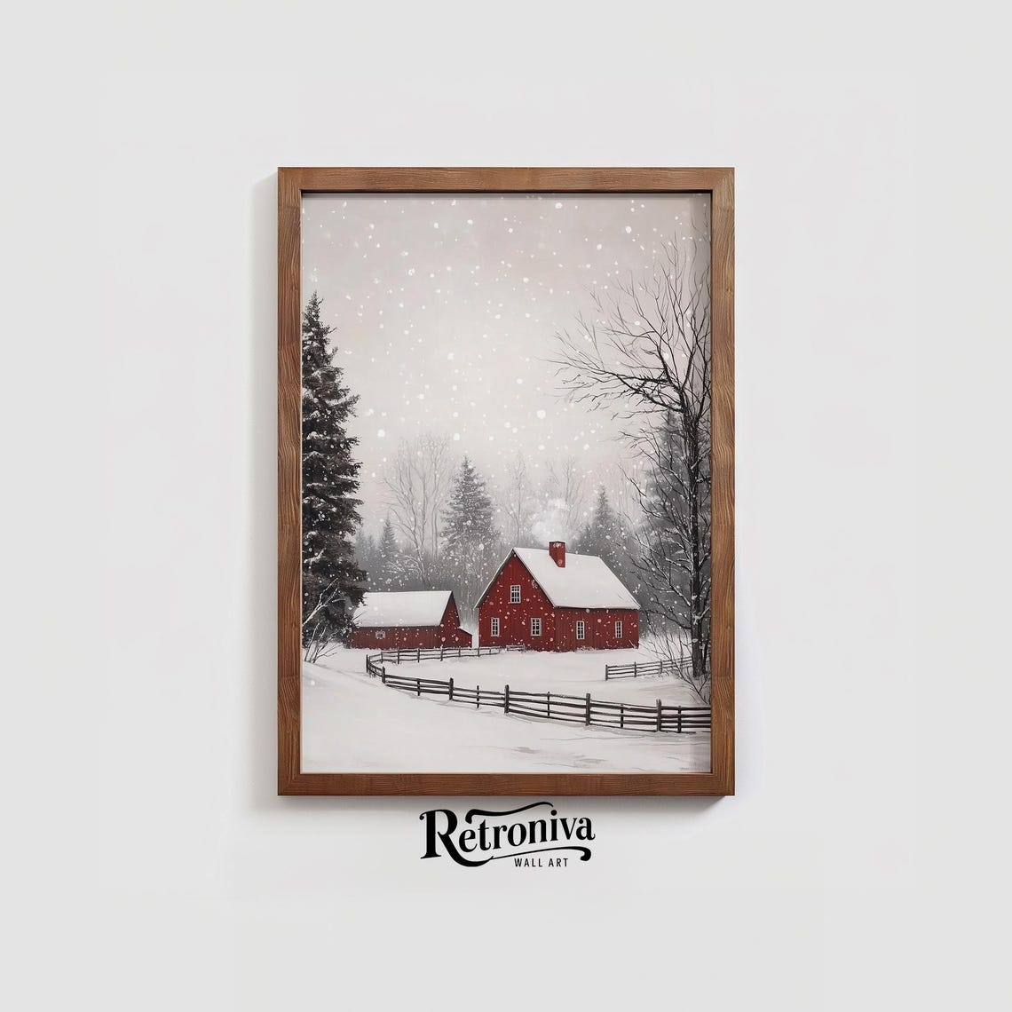 Red Barn in Falling Snow Vintage Winter Farm Christmas Poster - Image 4