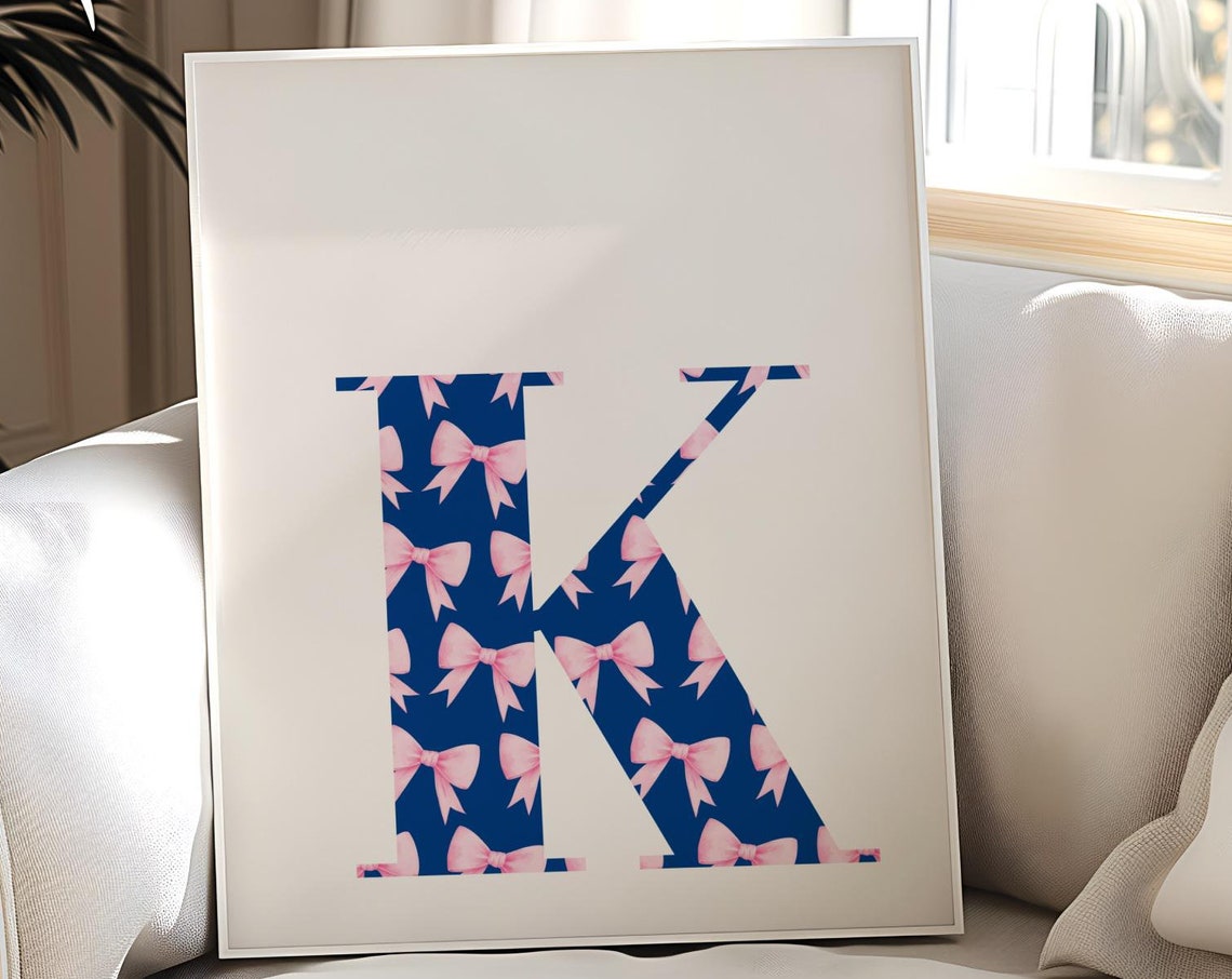 Letter K Initial Monogram Navy Pink Bow Pattern Decor Poster - Image 3