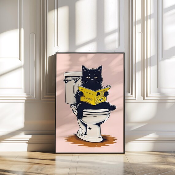 Funny Black Cat Reading Newspaper Sitting on Toilet Bathroom Poster