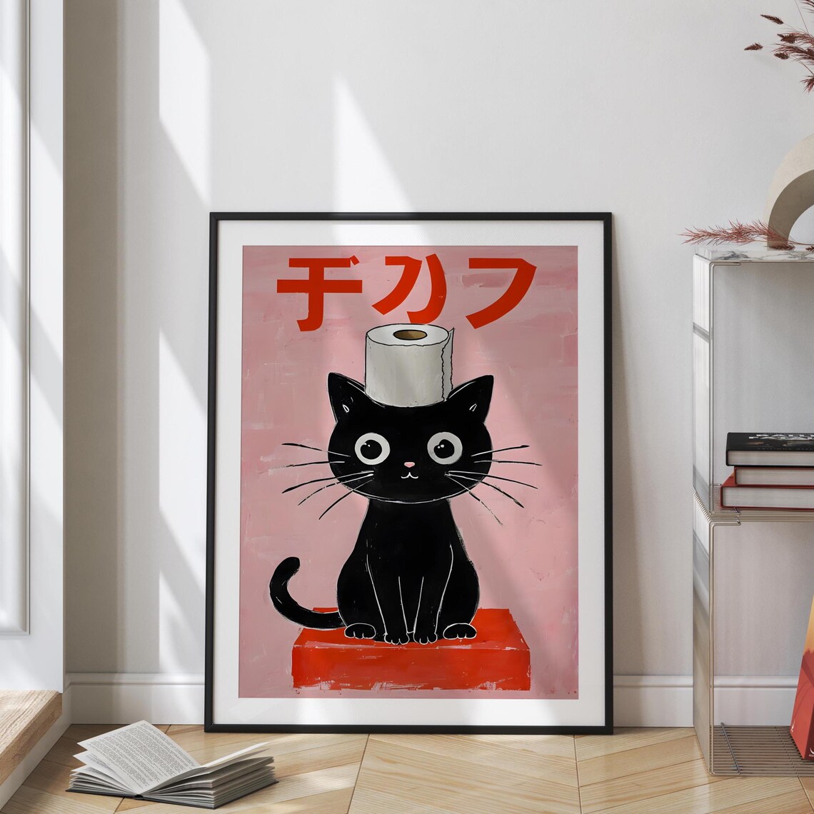 Black Cat Toilet Paper Hat Pink Japanese Funny Bathroom Art Poster - Image 2