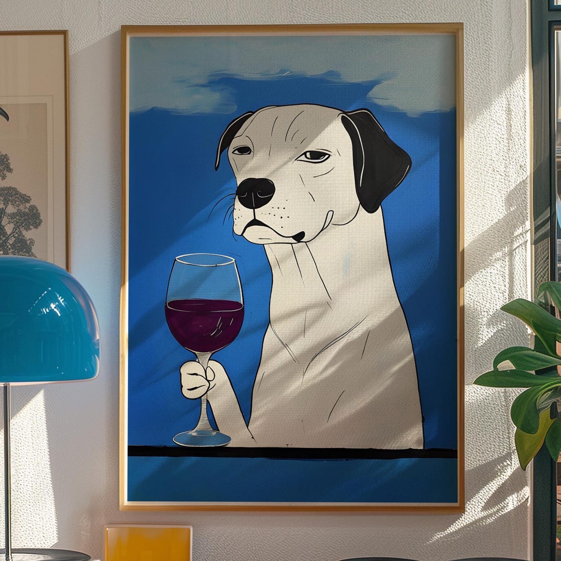 White Dog Red Wine Glass Vivid Blue Background Funny Pet Art Poster - Image 5