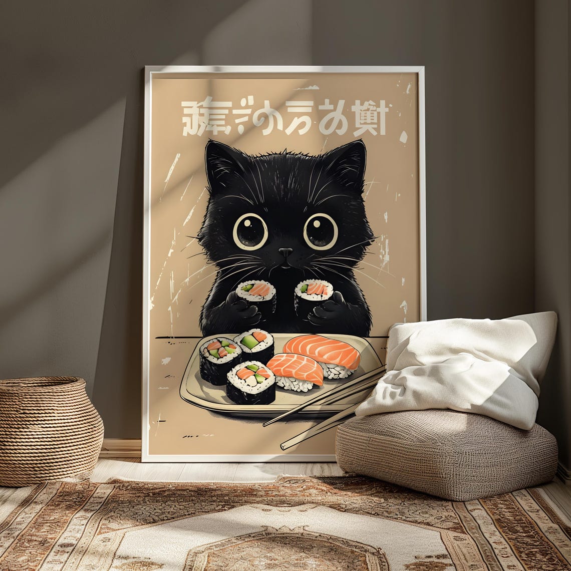 Black Kitten Eating Sushi Cute Kawaii Japanese Food Art Poster - Image 4