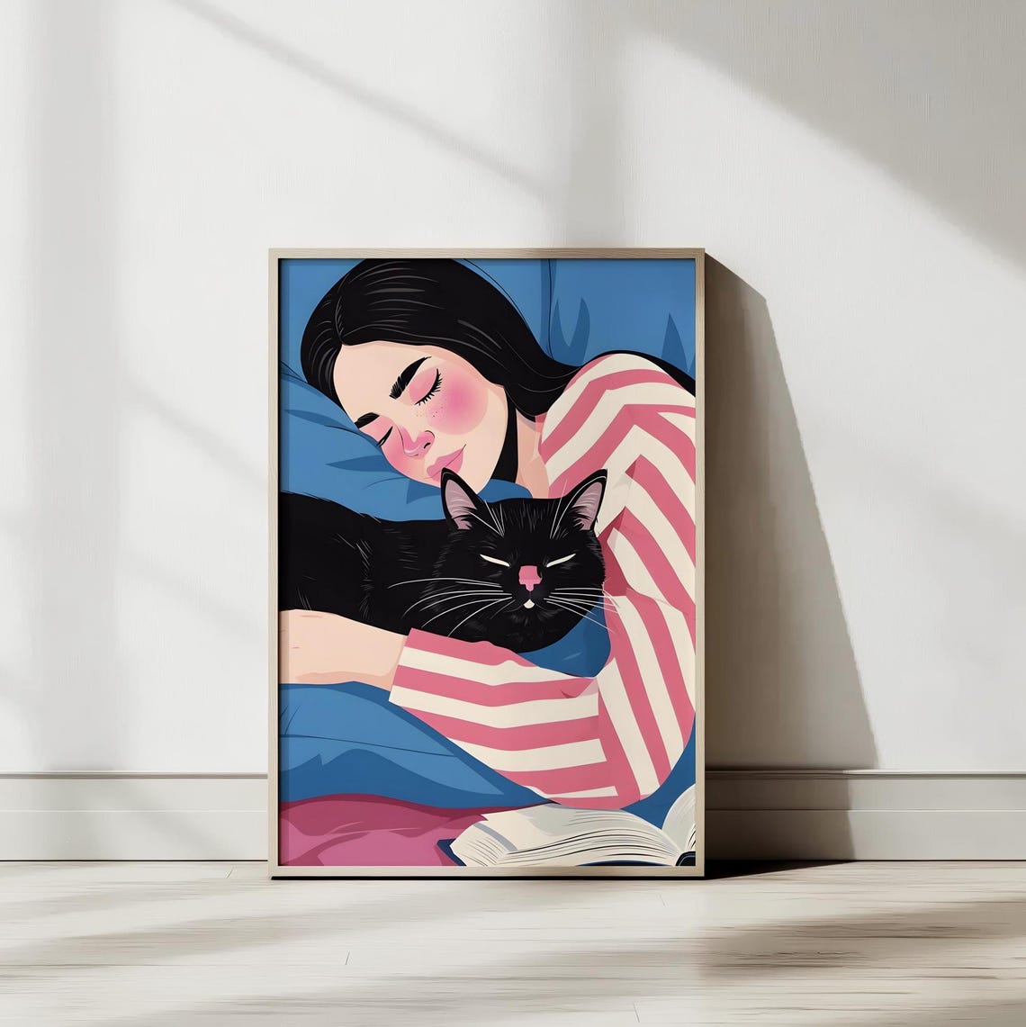 Woman Sleeping With Black Cat Blue Pink Japanese Style Art Poster - Image 2