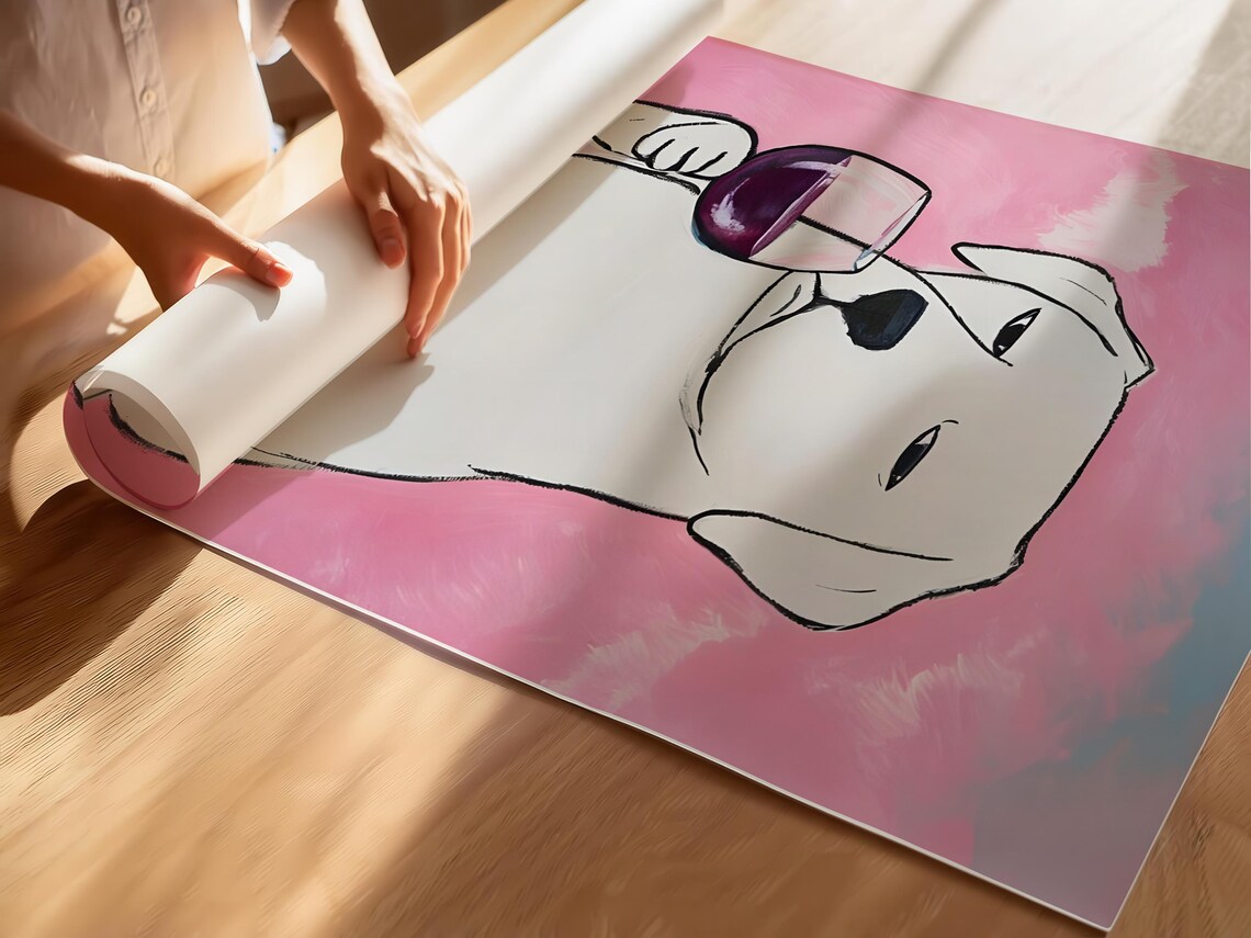 White Dog Sipping Red Wine Pink Background Funny Pet Art Poster - Image 4