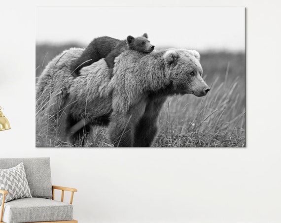 Bear Print Mother With Baby Wall Art Baby Animal Art Black White Print Bear Extra Large Wall Art Living Room Decor