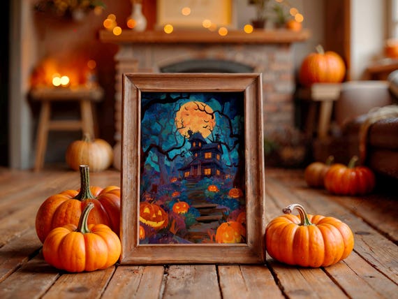 Fairytale Haunted House Orange Moon Pumpkins Halloween Poster
