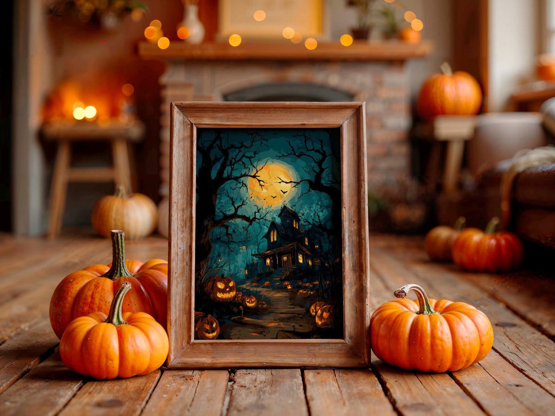 Spooky Haunted House Halloween Poster Under Full Moon With Jack-o'-Lanterns