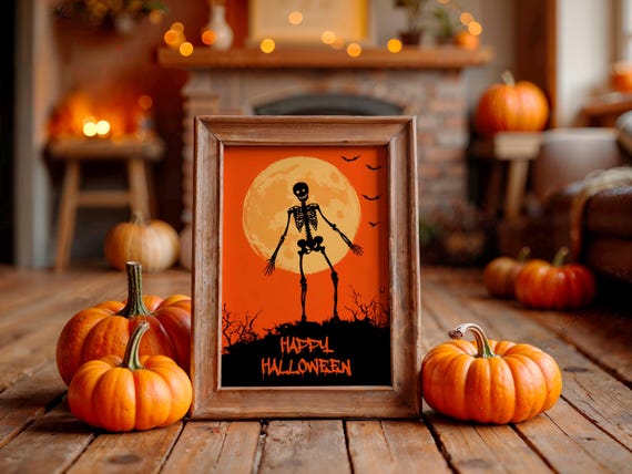 Dancing Skeleton Happy Halloween Poster Orange Moon Bats Night