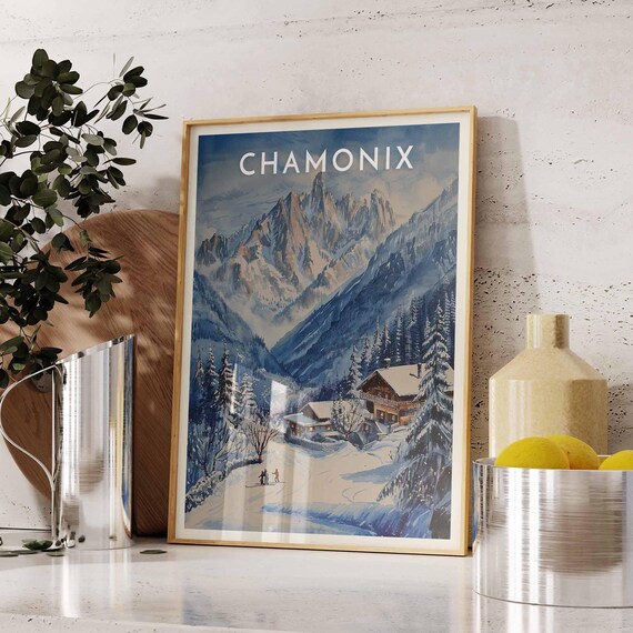 Chamonix Dramatic Granite Rock Peaks Chalet Valley Skiers Poster