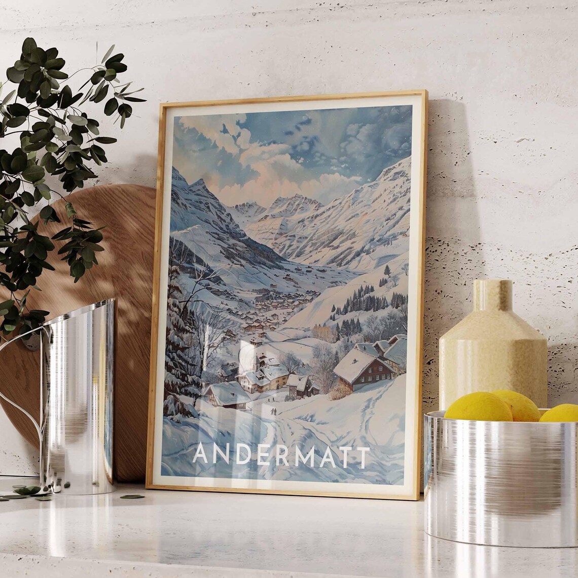 Andermatt Swiss Alps Winter Valley Village Pastel Ski Poster