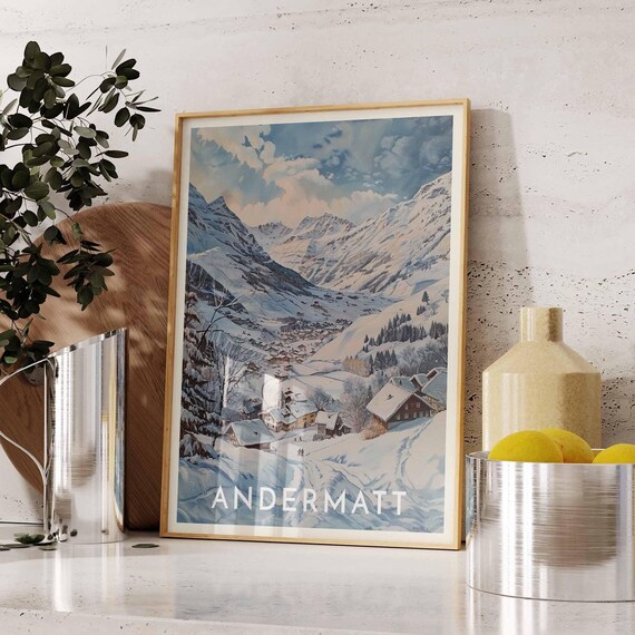 Andermatt Swiss Alps Winter Valley Village Pastel Ski Poster