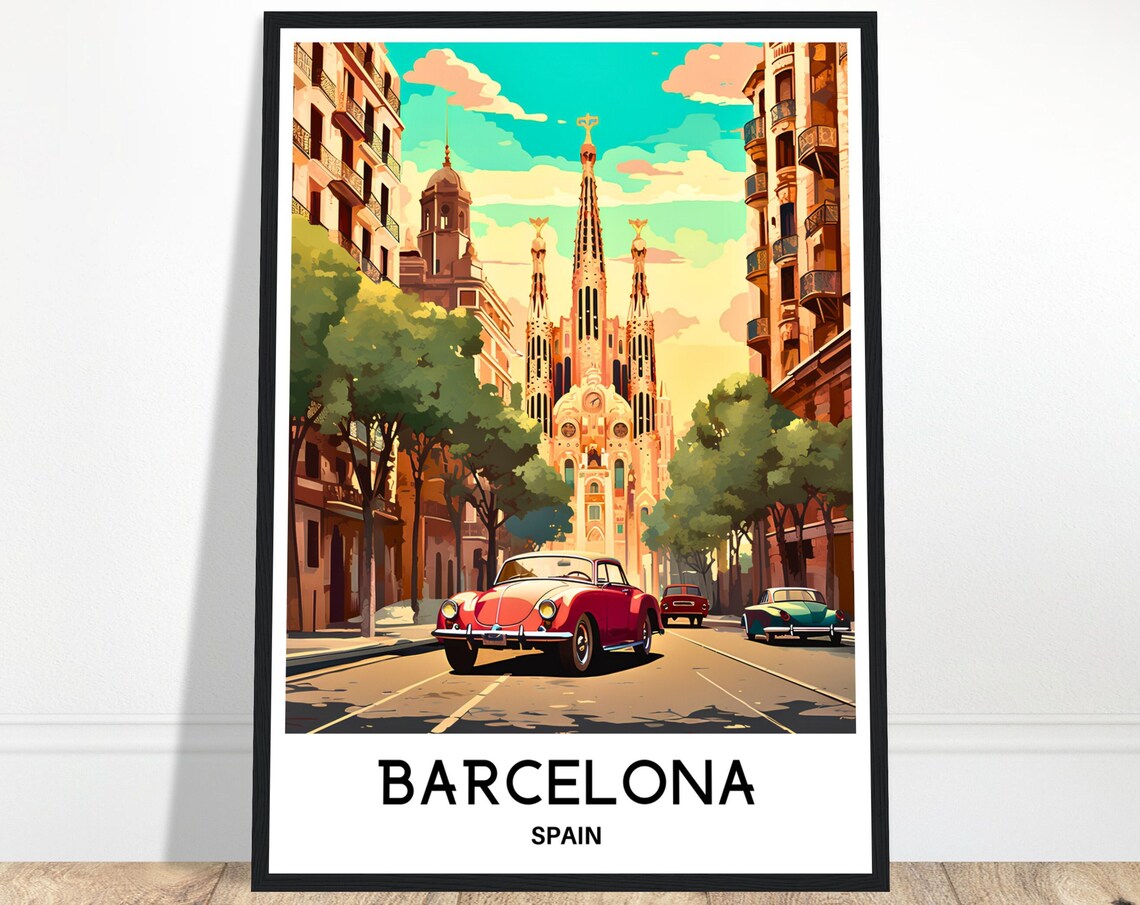 Barcelona Spain Sagrada Familia Classic Red Car Street Travel Poster