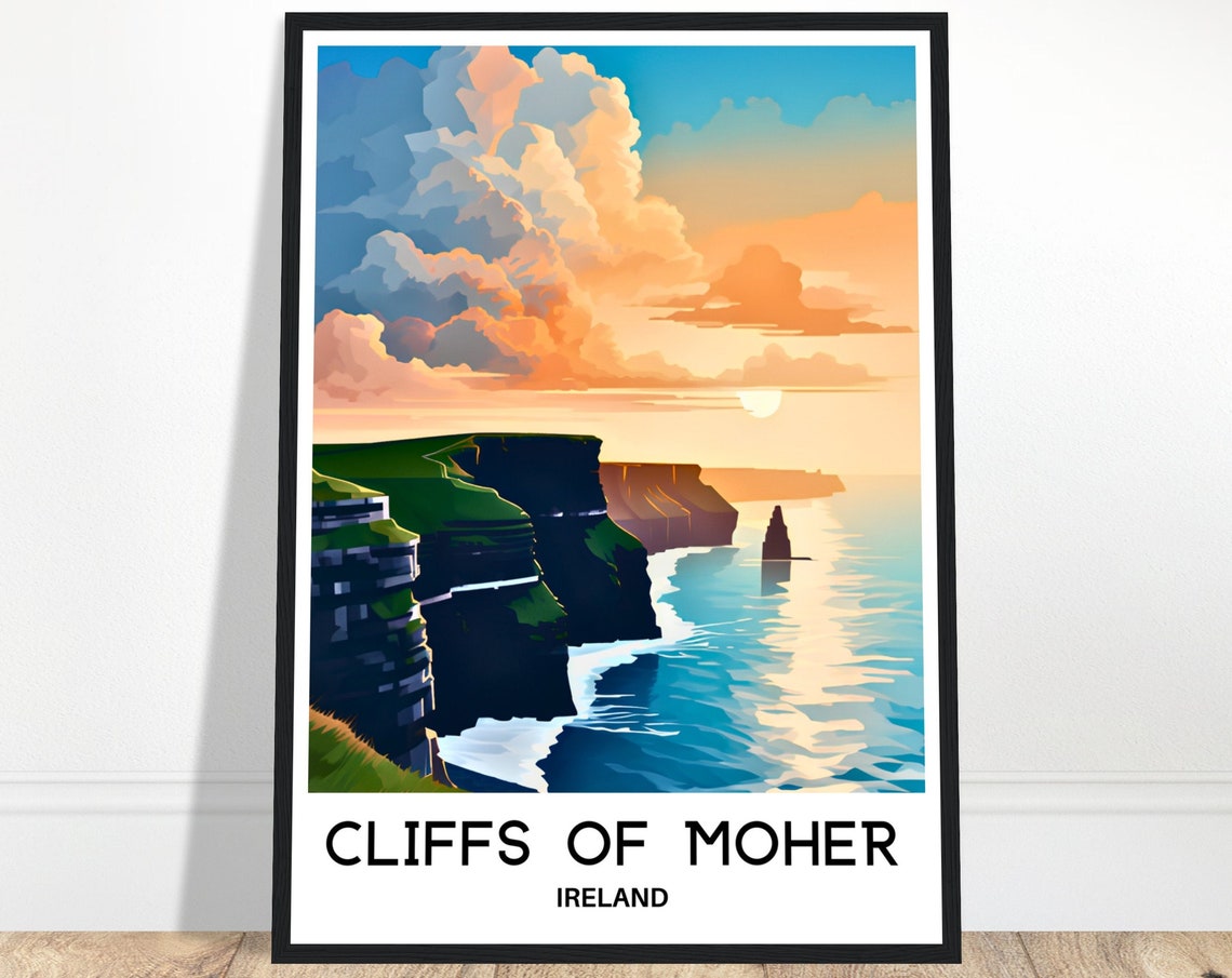 Cliffs of Moher Ireland Orange Sunset Calm Sea Scenic Travel Poster