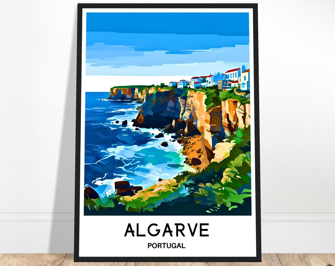 Algarve Portugal White Village On Golden Cliffs Travel Poster