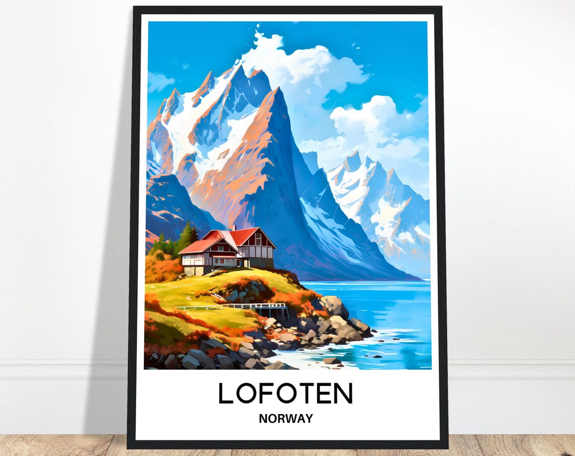 Lofoten Norway Cabin Below Snow Capped Mountains Fjord Poster
