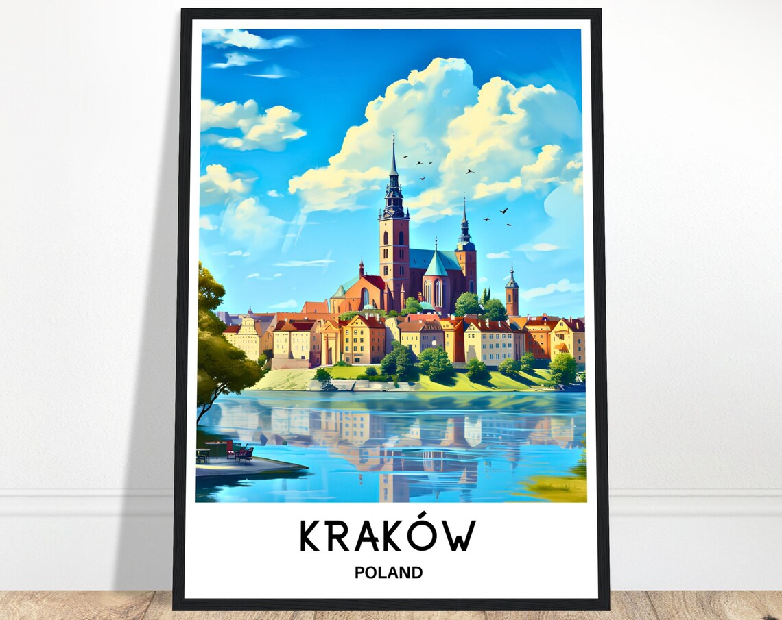 Krakow Poland Riverside Historic Cathedral Skyline Travel Poster