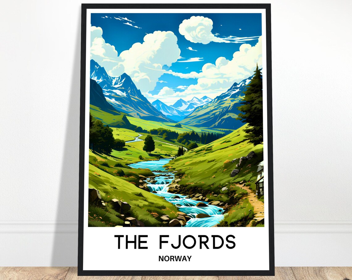 The Fjords Norway Green Valley Stream Mountain Peaks Travel Poster
