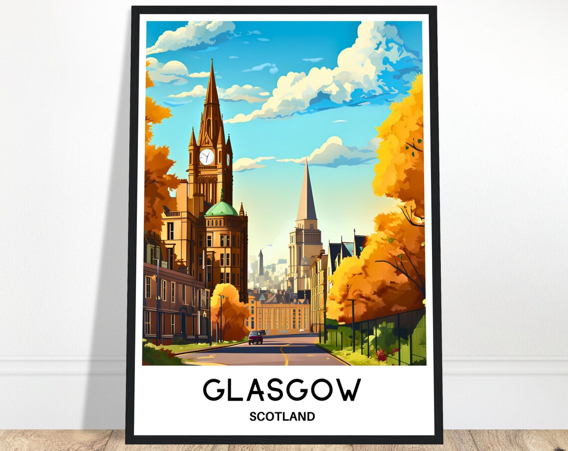 Glasgow Scotland Golden Autumn Clock Tower Street Travel Poster