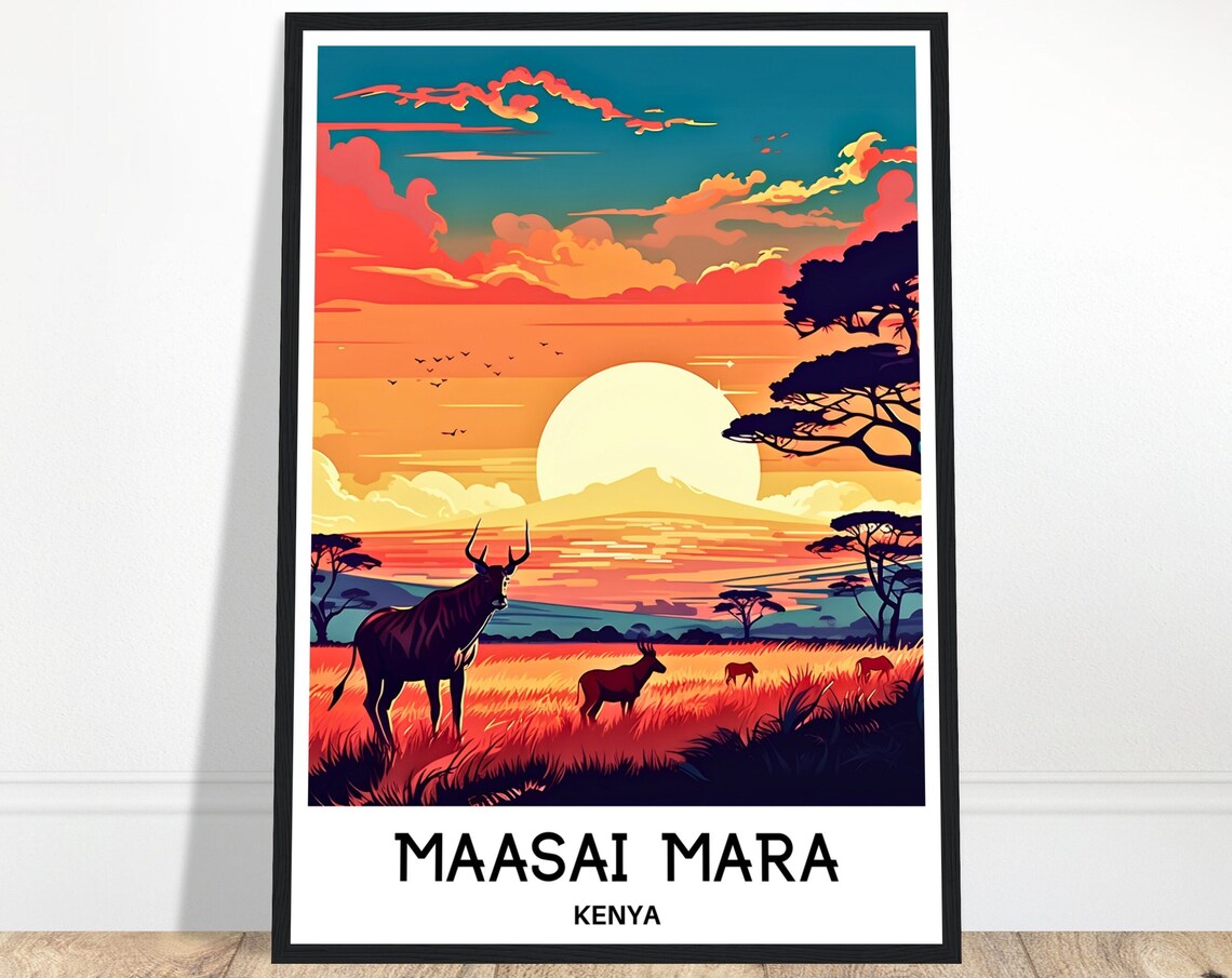 Maasai Mara Kenya Safari Sunset With Antelopes Travel Poster