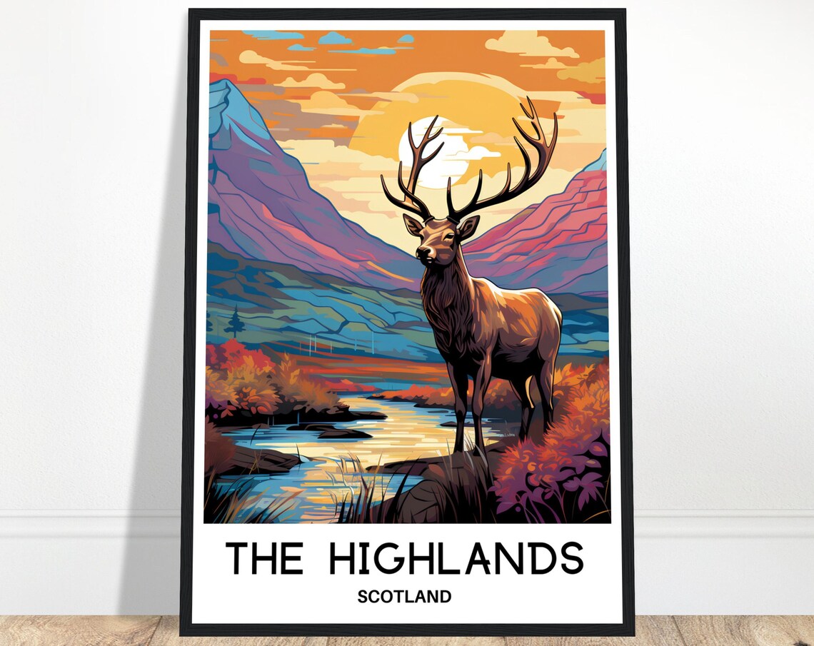 Scottish Highlands Stag at Sunset Mountain Valley Travel Art Poster
