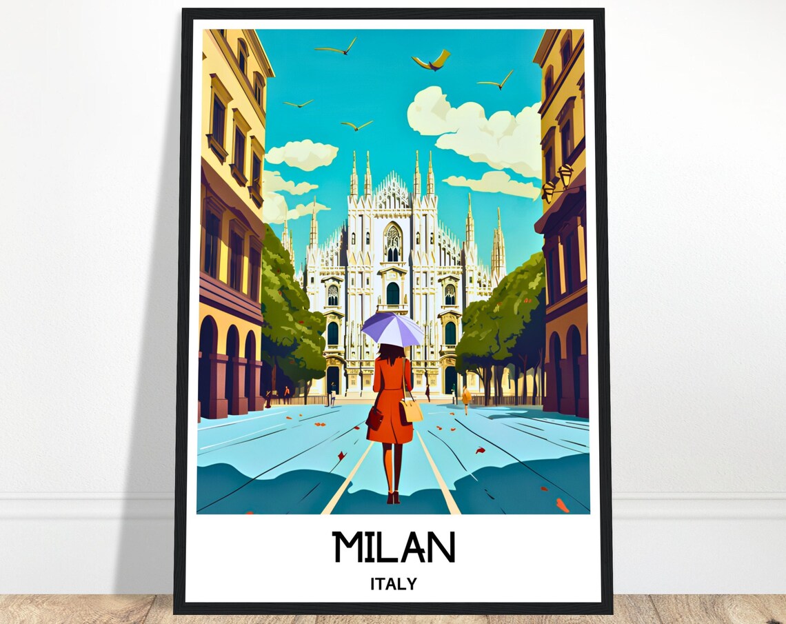 Milan Italy Travel Poster of the Duomo with a Woman Under an Umbrella