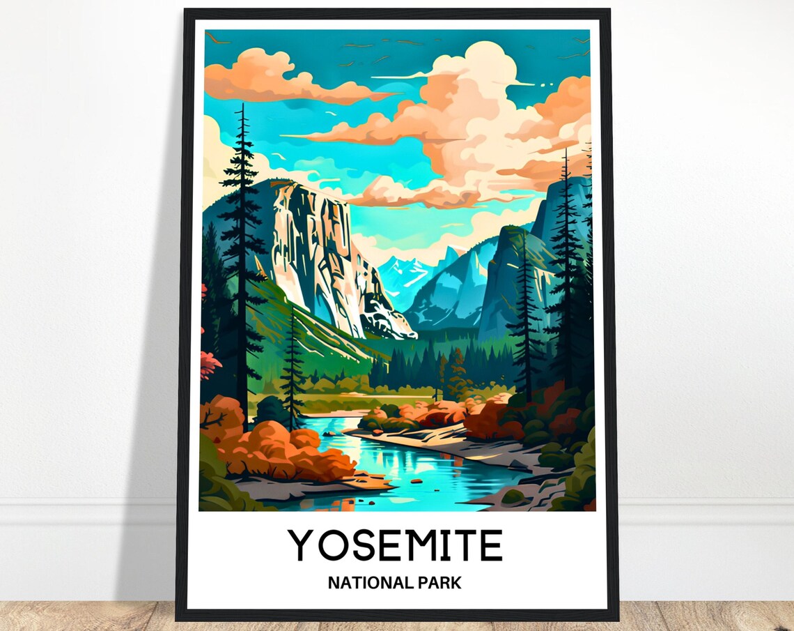 Yosemite National Park Autumn Valley Retro Teal Sky Travel Poster