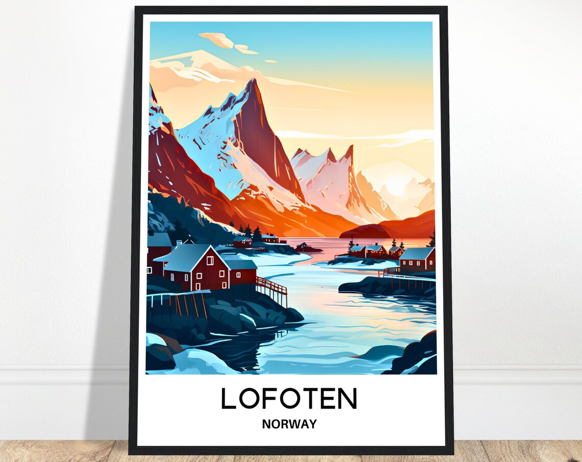 Lofoten Norway Snowy Peaks Red Harbor Cabins at Sunrise Poster
