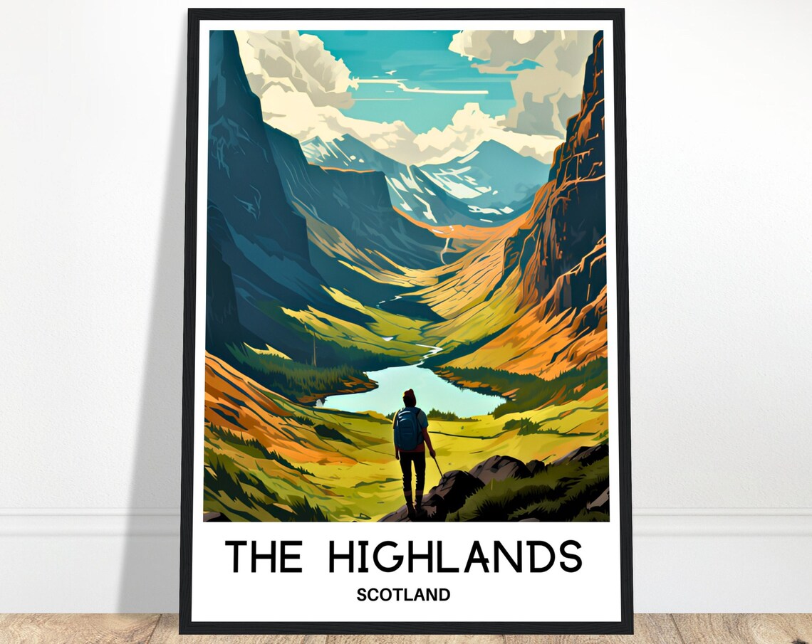 Scottish Highlands Hiker Mountain Valley Snowy Peaks Adventure Poster