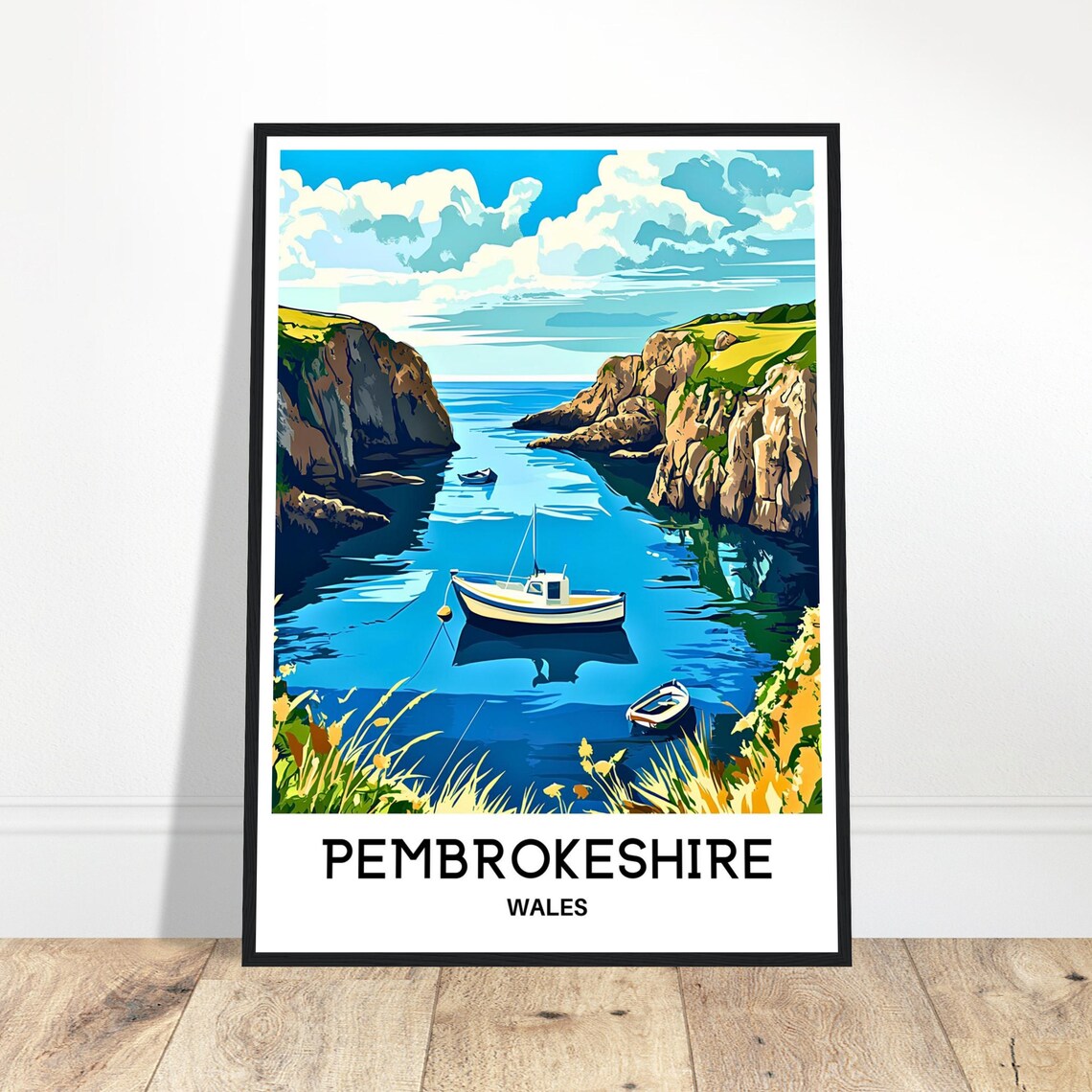 Pembrokeshire Wales Sea Cliffs Boats Cove Coastal Travel Art Poster
