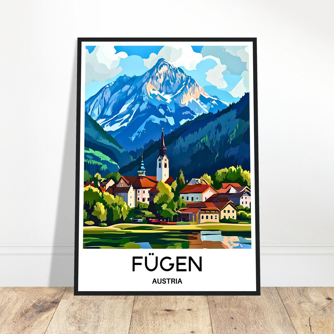 Fügen Austria Alpine Mountain Village Church Scenic Travel Poster