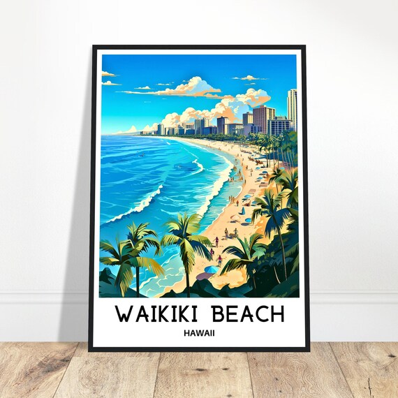 Waikiki Beach Travel Print Poster Art Hawaii Lover Gift Wall Hanging Illustration