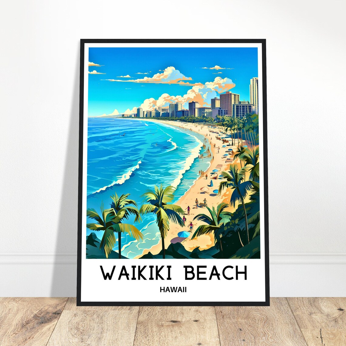 Waikiki Beach Hawaii Vintage Travel Poster With Palm Trees Scene