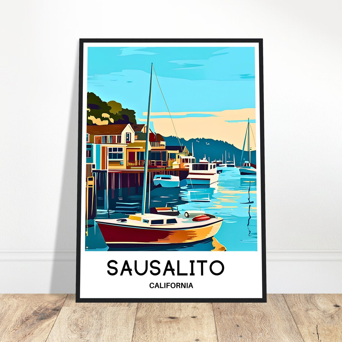Sausalito California Harbor Boats Sunset Marina Travel Art Poster