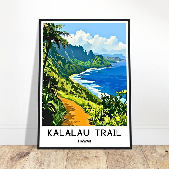 Kalalau Trail Travel Print Poster Art Hawaii Lover Gift Wall Hanging Illustration Home Office Room Decor