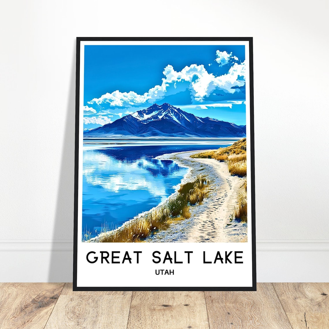 Great Salt Lake Utah Travel Poster Blue Lake Mountain Reflection Art