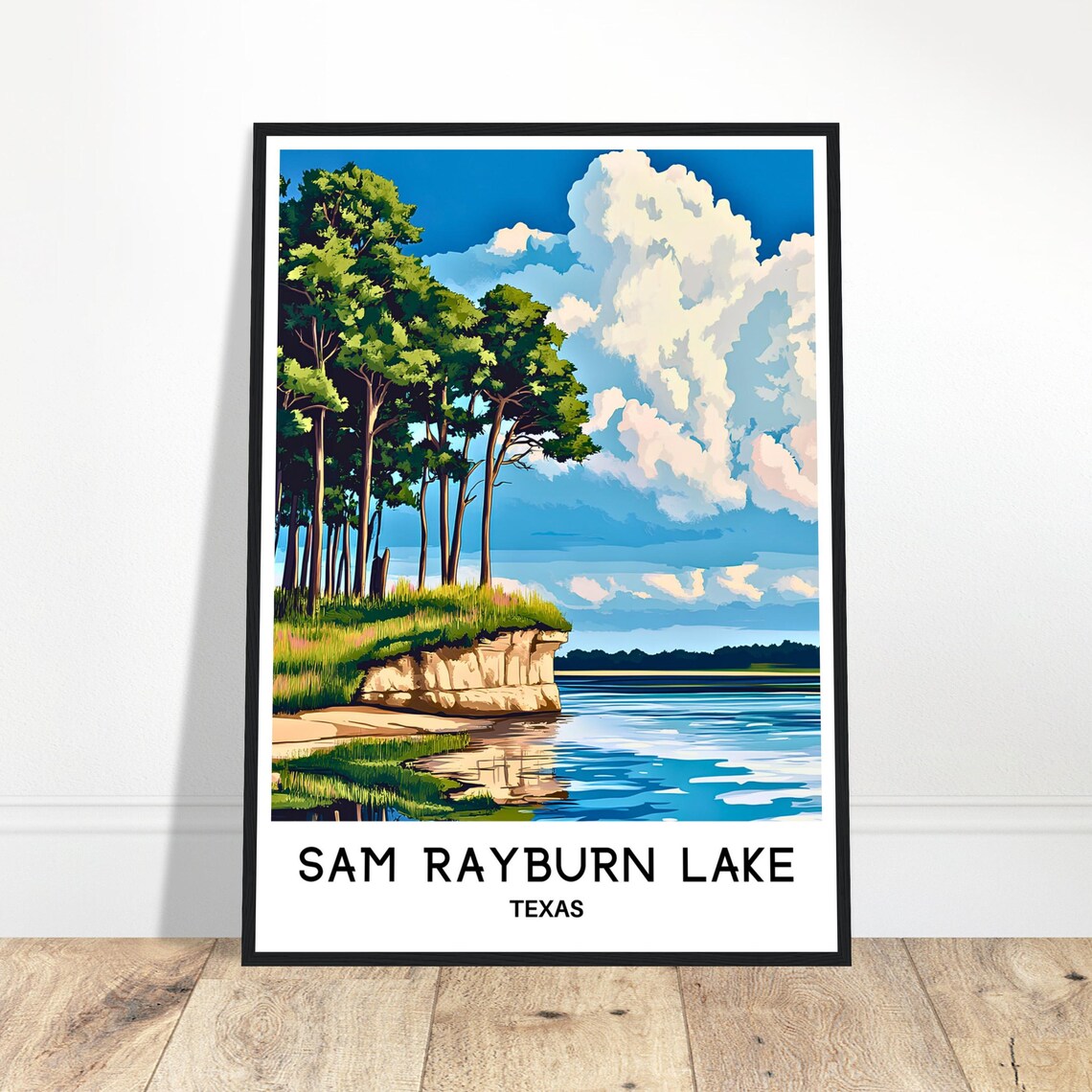 Sam Rayburn Lake Texas Pine Lined Shore Vintage Travel Art Poster
