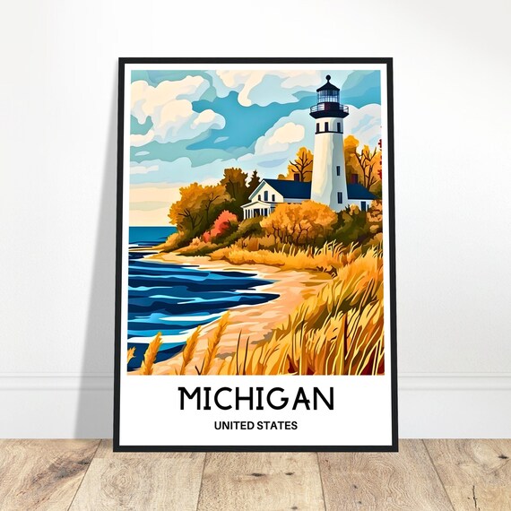 Michigan Travel Print Poster Art United States Lover Gift Illustration Wall Hanging Home Office Decor