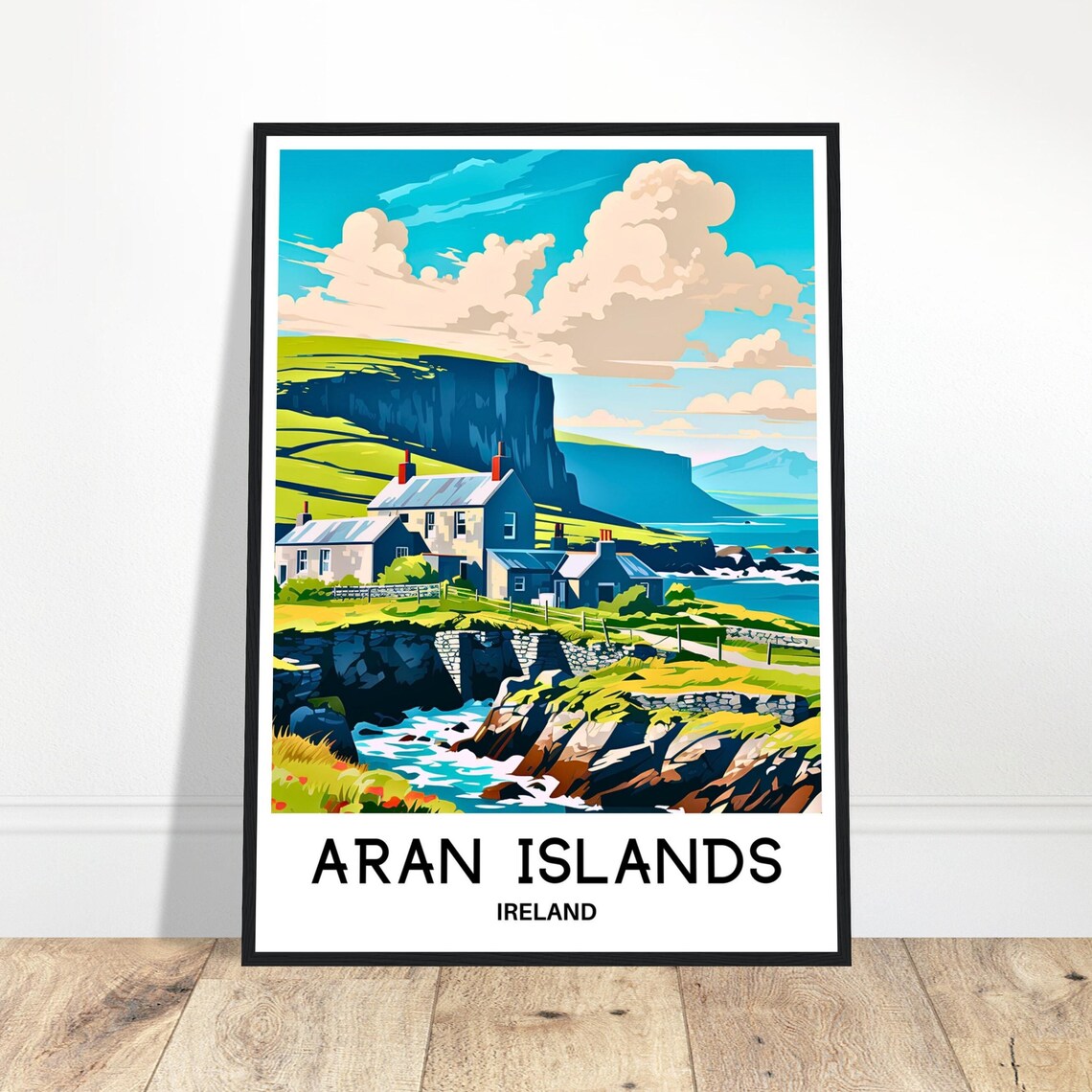 Aran Islands Ireland Cliffside Cottages Coastal Travel Poster