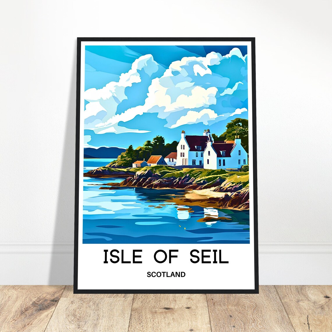 Isle Of Seil Scotland White Coastal Cottages Scenic Travel Poster