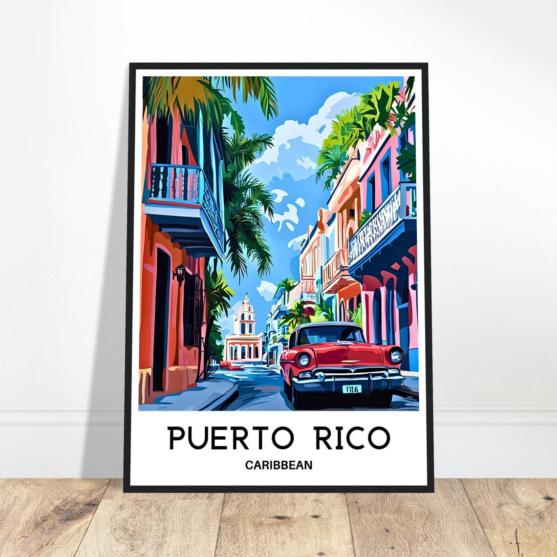 Puerto Rico Caribbean Street Classic Car Vintage Travel Poster Old Town