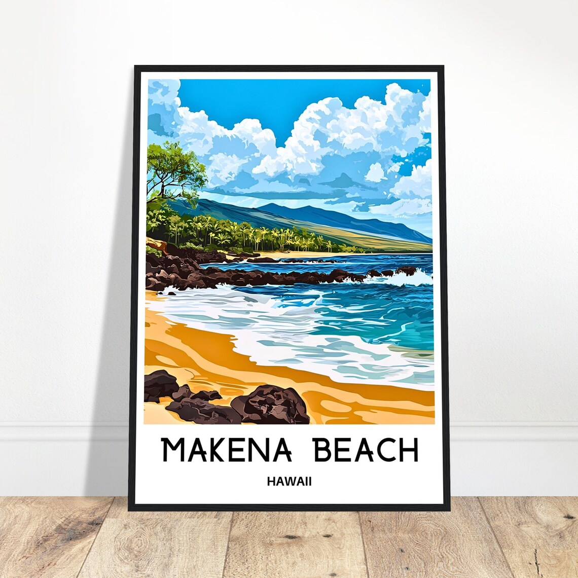 Makena Beach Hawaii Golden Sand and Black Lava Rock Travel Poster