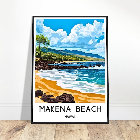 Makena Beach Hawaii Golden Sand and Black Lava Rock Travel Poster