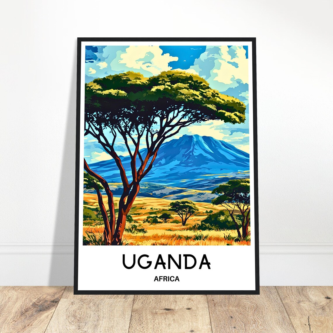 Uganda Africa Acacia Trees Savanna Mountain Landscape Travel Poster