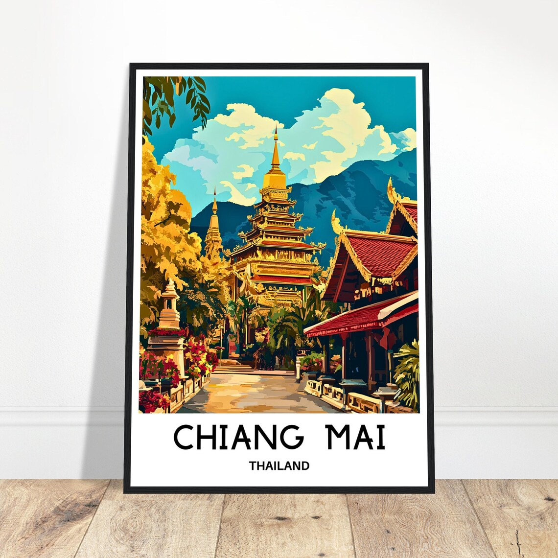 Chiang Mai Thailand Golden Temple Travel Illustration Poster