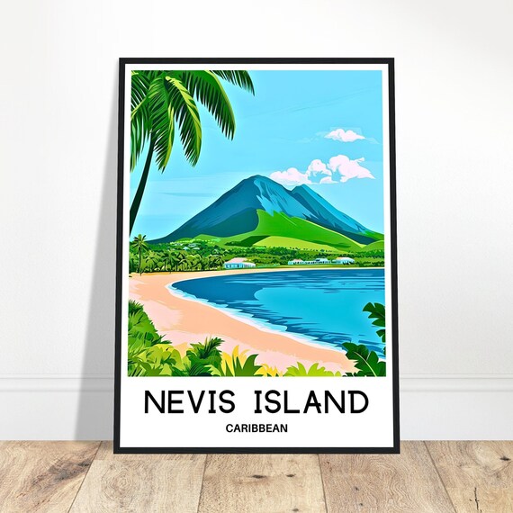 Nevis Island Caribbean Volcano Beach Palm Vintage Travel Poster